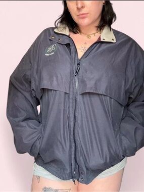 Vintage Charles River Apparel Men’s Navy Bomber Jacket with Cream Collar